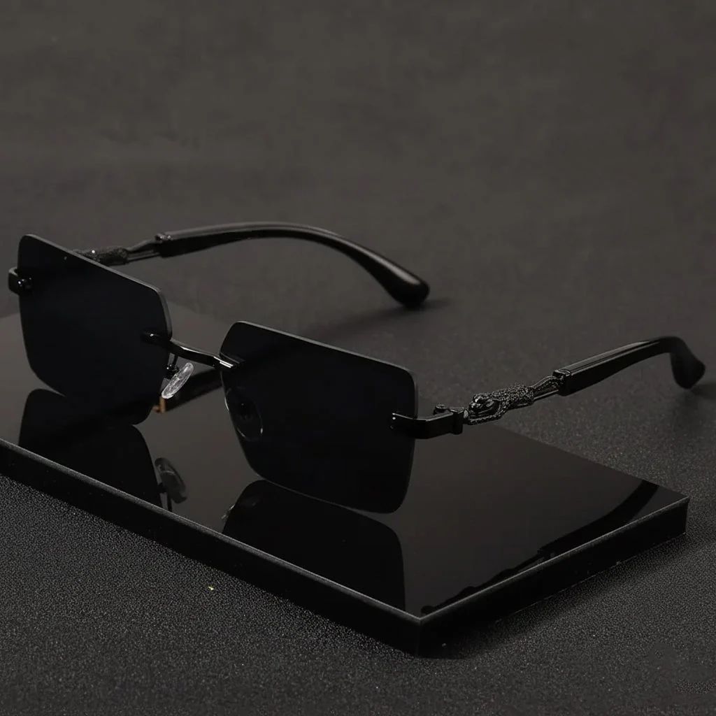 Rimless leopard print temples and a compact trendy frame