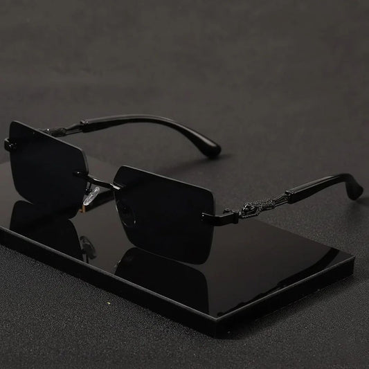 Rimless leopard print temples and a compact trendy frame